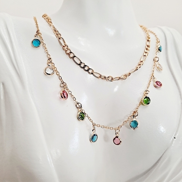 Gold layered necklace Boho colorful rhinestones Dainty Charm festival 💖2/$30 - Picture 13 of 15